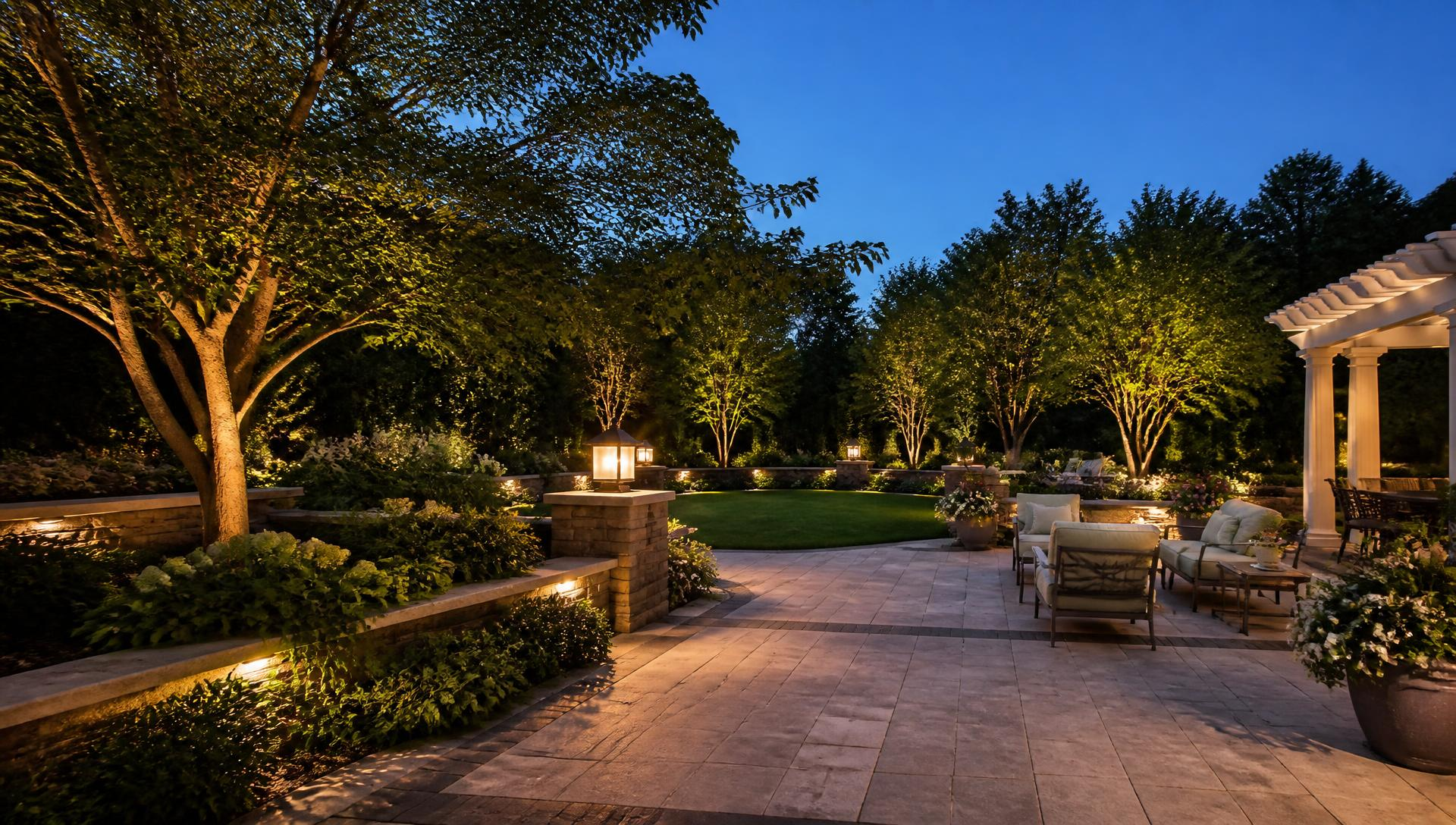 Landscaped backyard patio illuminated by warm landscape lighting at dusk